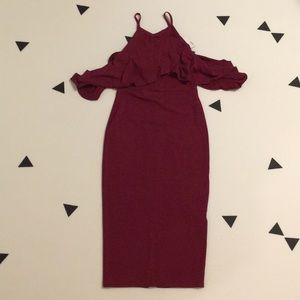 ASOS maroon off shoulder ruffle bodycon dress